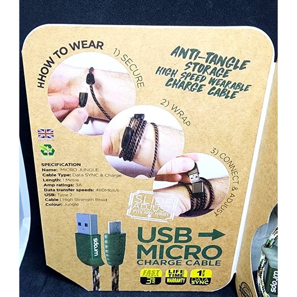 Wraps Braided Wristband 1 Meter Micro USB Data Sync & Charge Cable (WCMJV17) NEW - Picture 3 of 6